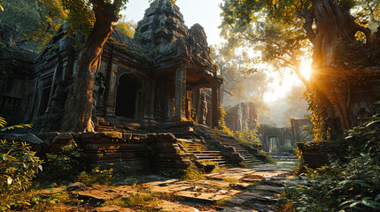 A Silent Ancient Ruined Temple in Forest Landscape Background