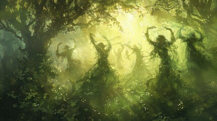 Elemental spirits dance amidst foliage forms shifting with breeze wallpaper