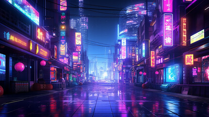 A cyberpunk city street with neon lights and skyscrapers