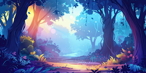 Magical fantasy forest background, cartoon style anime graphics woodland scene backdrop, tree wide backdrops, generated ai