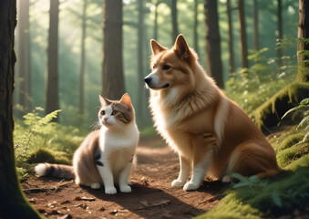 Bury kot i pies na spacerze w lesie obserwują coś w oddali, piękny portret zwierząt