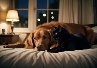 Pies i kot na łóżku z oknem w tle z widokiem na miasto. Letni wieczór z oświetleniem z lampy i lamp zewnątrz