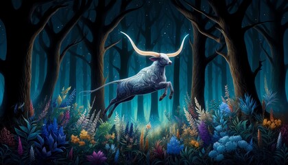 A fantasy Texas Longhorn with glowing, intricate antlers leaping gracefully in a magical forest