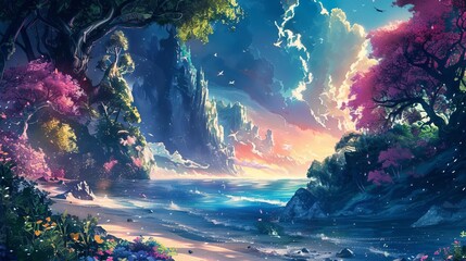 A fantasy beach with mythical creatures, vibrant colors, and a magical aura, Fantasy, Watercolor