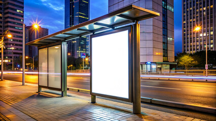 Empty Banner Signboard for Advertising in Night Bus Station, Highlighting Nighttime Commuter Hub, Visibility, and Promotional Space
