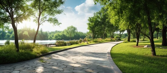 A picturesque path in a town park setting featuring a scenic background with a clear path ahead in the copy space image