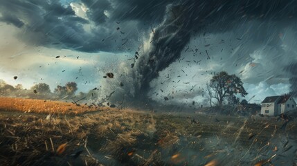 A tornado rips through a rural landscape, tossing debris into the air and leaving destruction in its wake.