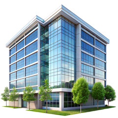 A contemporary office building with reflective glass windows and lush green trees surrounding it, basking in sunlight