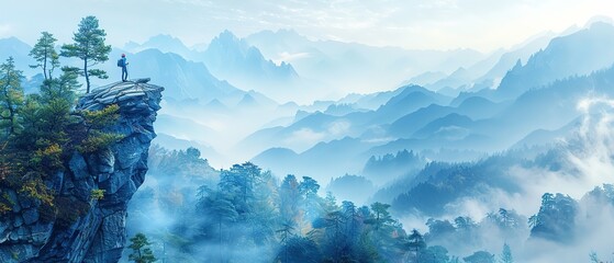Hiker on the top of the mountain with a backpack and enjoying the view of the misty valley