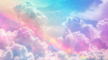 Pastel rainbow unicorn fantasy: holographic background with clouds, magical landscape and abstract fabulous pattern - cute candy wallpaper for dreamy designs