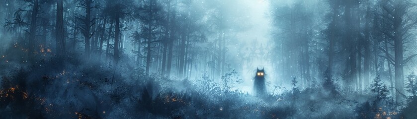 Foggy forest scene with mysterious figure in the distance surrounded by glowing orbs.