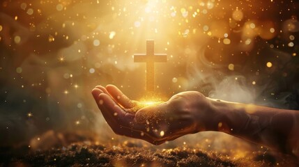 Divine hand of god giving hope, christs cross in background for spiritual inspiration and faith