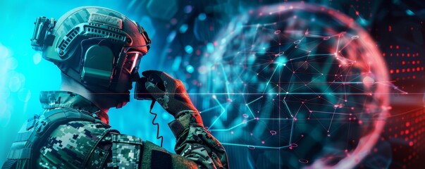 A soldier in tactical gear communicates through a radio with a futuristic digital interface backdrop, highlighting advanced military technology.