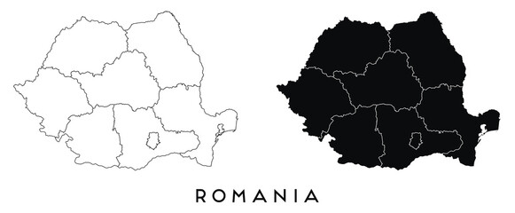 Romania map of city regions districts vector black on white and outline