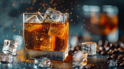 Melting espresso ice cubes blending with black coffee, a hint of liqueur and vodka, artistic and inviting composition