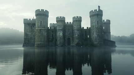 aerial view, Medieval castle with moat around it, 16:9