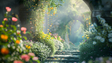 beautiful secret fairytale garden with flower background. Generative AI.