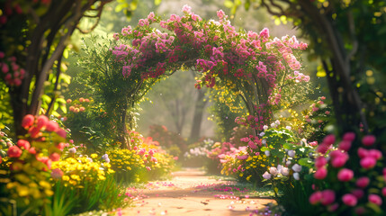 beautiful secret fairytale garden with flower background. Generative AI.