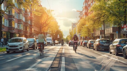 Eco-Friendly Transportation: Depict a bustling urban street with various eco-friendly transportation options.