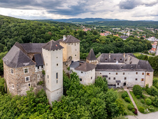 Aerial view of the Burg Lockenhaus Castle in the Burgenland region of Austria. Burg Lockenhaus is 368 metres (1,207 ft) above sea level. The castle was built in Romanesque and Gothic architectural 