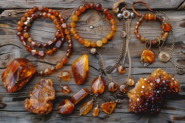 Biżuteria z bursztynu na drewnianym tle