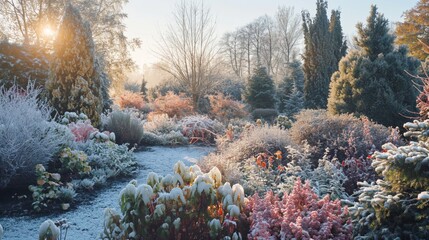 Serene winter garden scene with frostcovered flowers and plants bathed in the warm glow of the early morning sun