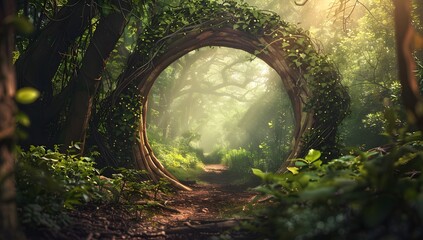 a magical forest gate made of stone, vines and leaves in the middle of an enchanted green fantasy landscape with sunlight shining through the trees