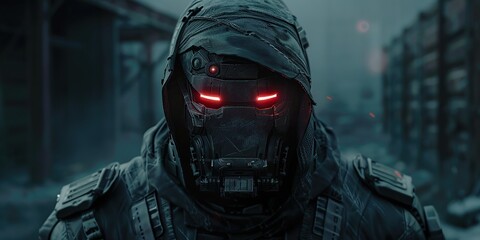 Futuristic soldier with glowing red eyes in a dystopian setting