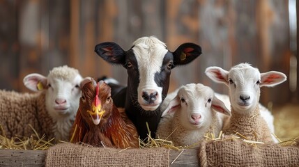 Farm animals with a chicken in rustic barn