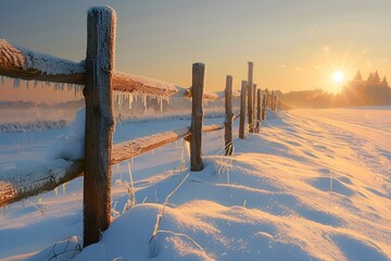 Zimowy krajobraz z drewnianym płotem o wschodzie słońca