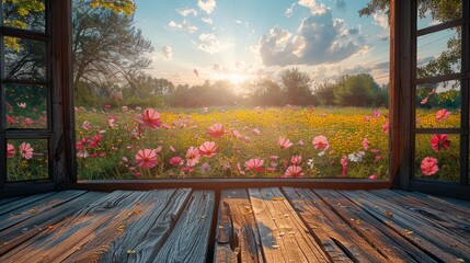 Beautiful view of a vibrant flower field through an open window at sunset, capturing the essence of spring and tranquility.