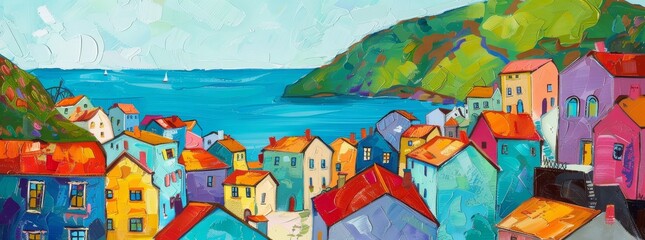Colorful coastal town with houses painted in bright hues overlooking the sea generated by AI