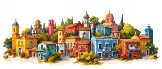 A colorful cityscape with many buildings and a church