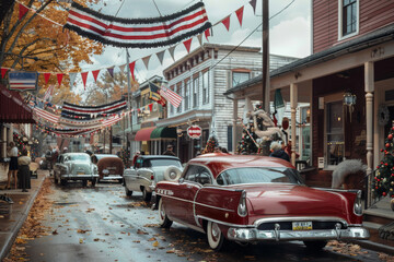 Vintage 1950s Main Street Celebration with Classic Cars and Festive Decorations