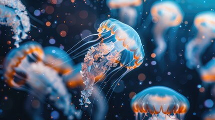 Many beautiful jellyfish in the water. AI generated.