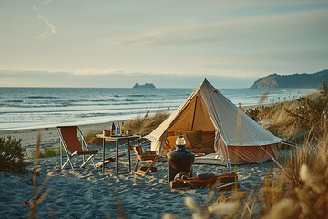 aesthetic white glamping tent in the beach