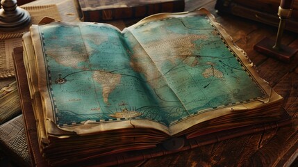 Vintage world map in an old book for travel or history themed designs