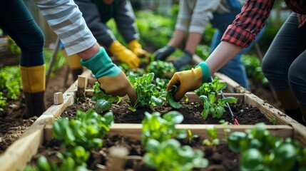Group of people gardening together, tending to plants in raised garden beds. Collaborative community gardening activity in a lush green environment.