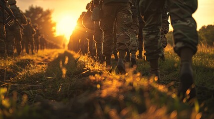 Silhouetted soldiers marching in line at sunrise, showcasing teamwork and dedication in a peaceful natural setting.