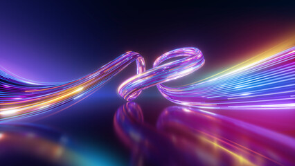 3d render. Abstract futuristic background of dynamic neon lines glowing in the dark, floor reflection.