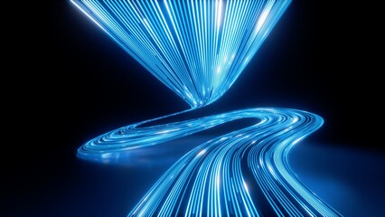 3d render. Modern blue neon wallpaper. Glowing dynamic lines over black background. Streaming energy. Particles moving and leaving glowing tracks. Curvy ribbon