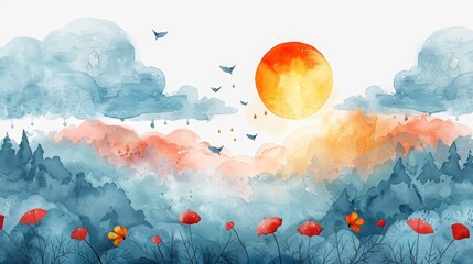 A drawing showing the sun, clouds, trees and flowers, good weather