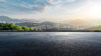 Asphalt road and city skyline with green mountain landscape on a sunny day panoramic view : Generative AI