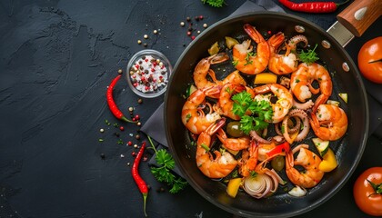 Sizzling Seafood Delight: Expertly Prepared Shrimp and Octopus with Fresh Vegetables, Captured in Fl