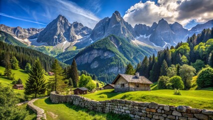 Serene austrian alps summer road scene with lush greenery, rustic stone walls, and towering mountain peaks under clear blue sky.
