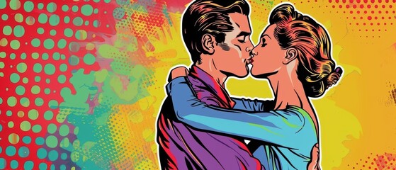 Pop art couple in romantic embrace, vibrant comic book colors, vintage love story