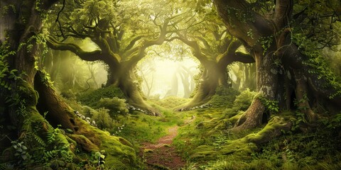 A fantasy forest with trees,magical creatures.