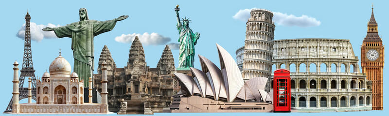 collage of famous landmarks on blue sky background. world heritage