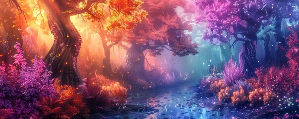 Surreal forest with fantastical elements, vibrant colors, dreamlike, fantasy art