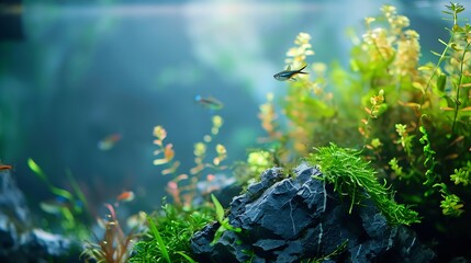 Natural Ocean Rock And Live Aquarium Plants In A Home Fish Tank : Generative AI
